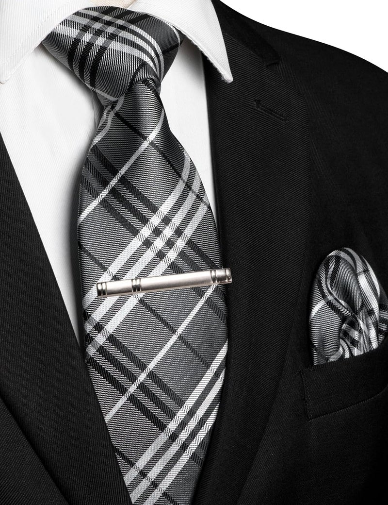 RBOCOTT Silk Stripe Plaid Tie and Pocket Square with Tie Clip Sets for Men - Image 2